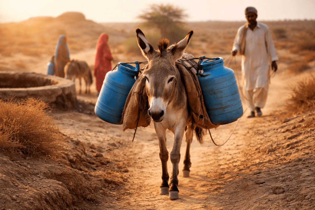 A donkey carrying water containers in a drought-affected area of Pakistan, highlighting the role of donkeys in climate change adaptation and human survival