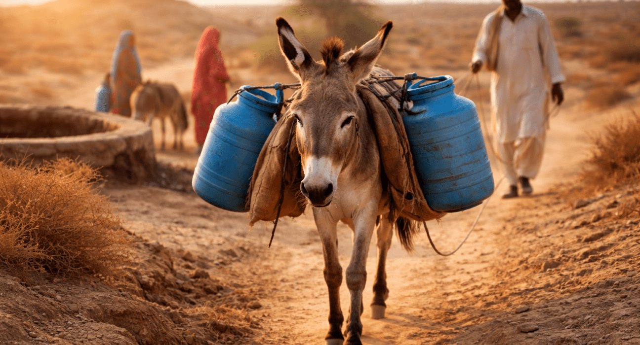 A donkey carrying water containers in a drought-affected area of Pakistan, highlighting the role of donkeys in climate change adaptation and human survival