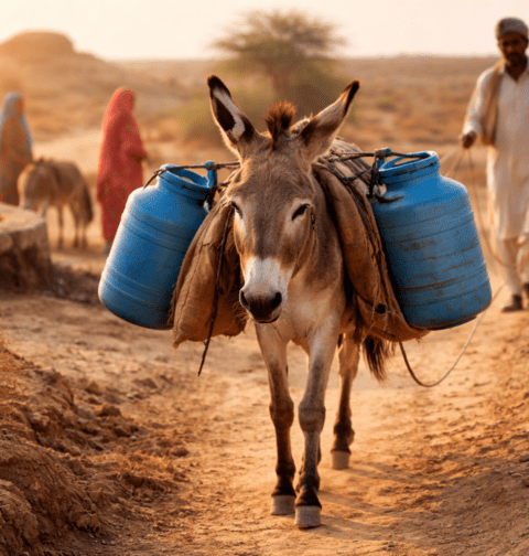 A donkey carrying water containers in a drought-affected area of Pakistan, highlighting the role of donkeys in climate change adaptation and human survival