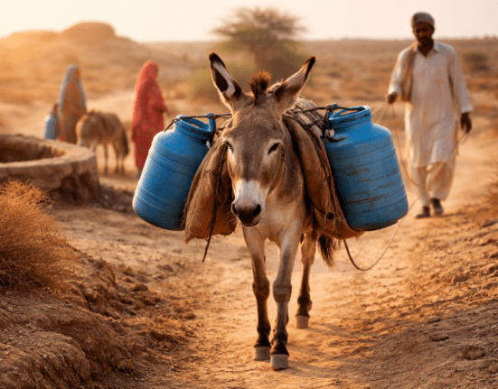 پاکستان میں خشک سالی کے دوران گدھا پانی لے جاتے ہوئے انسانی بقا میں مدد کر رہا ہے، موسمیاتی تبدیلی میں اس کا کردار اہم ہے۔