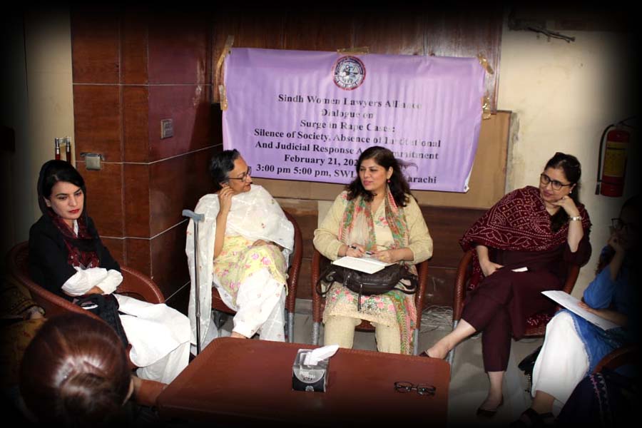 Participants attend a dialogue on rising rape cases organized by Sindh Women Lawyers Alliance in Karachi.