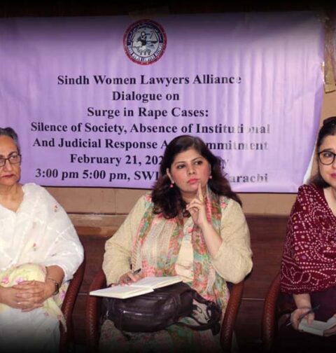 Participants attend a dialogue on rising rape cases organized by Sindh Women Lawyers Alliance in Karachi.