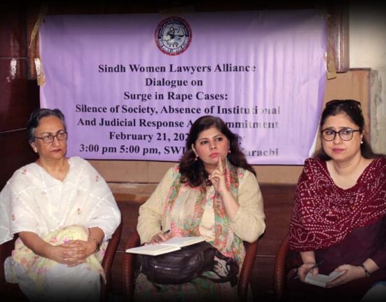 Participants attend a dialogue on rising rape cases organized by Sindh Women Lawyers Alliance in Karachi.