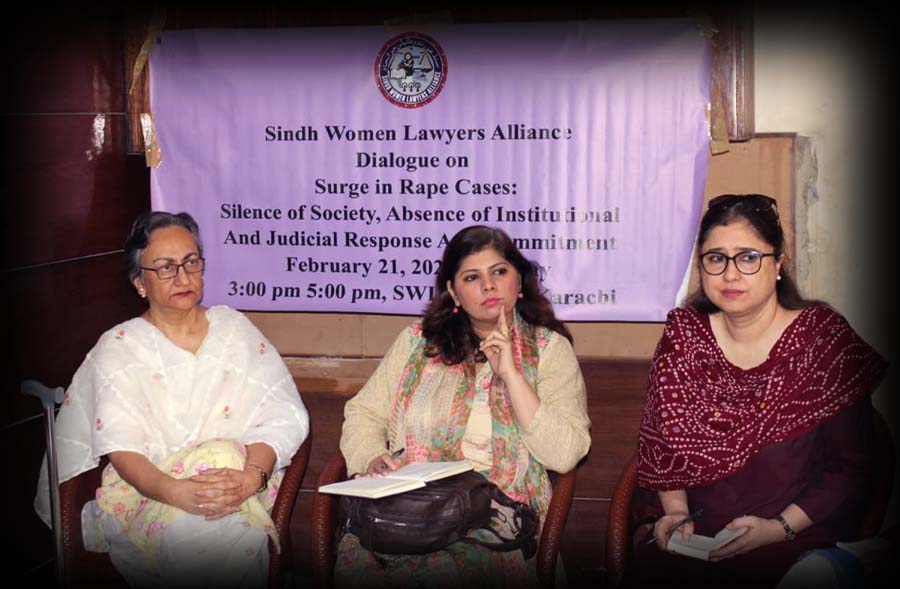 Participants attend a dialogue on rising rape cases organized by Sindh Women Lawyers Alliance in Karachi.
