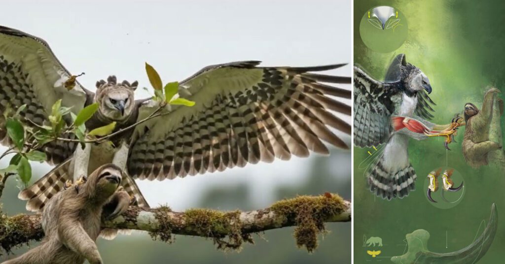 Harpy Eagle sitting on a tall tree branch in the Amazon Rainforest