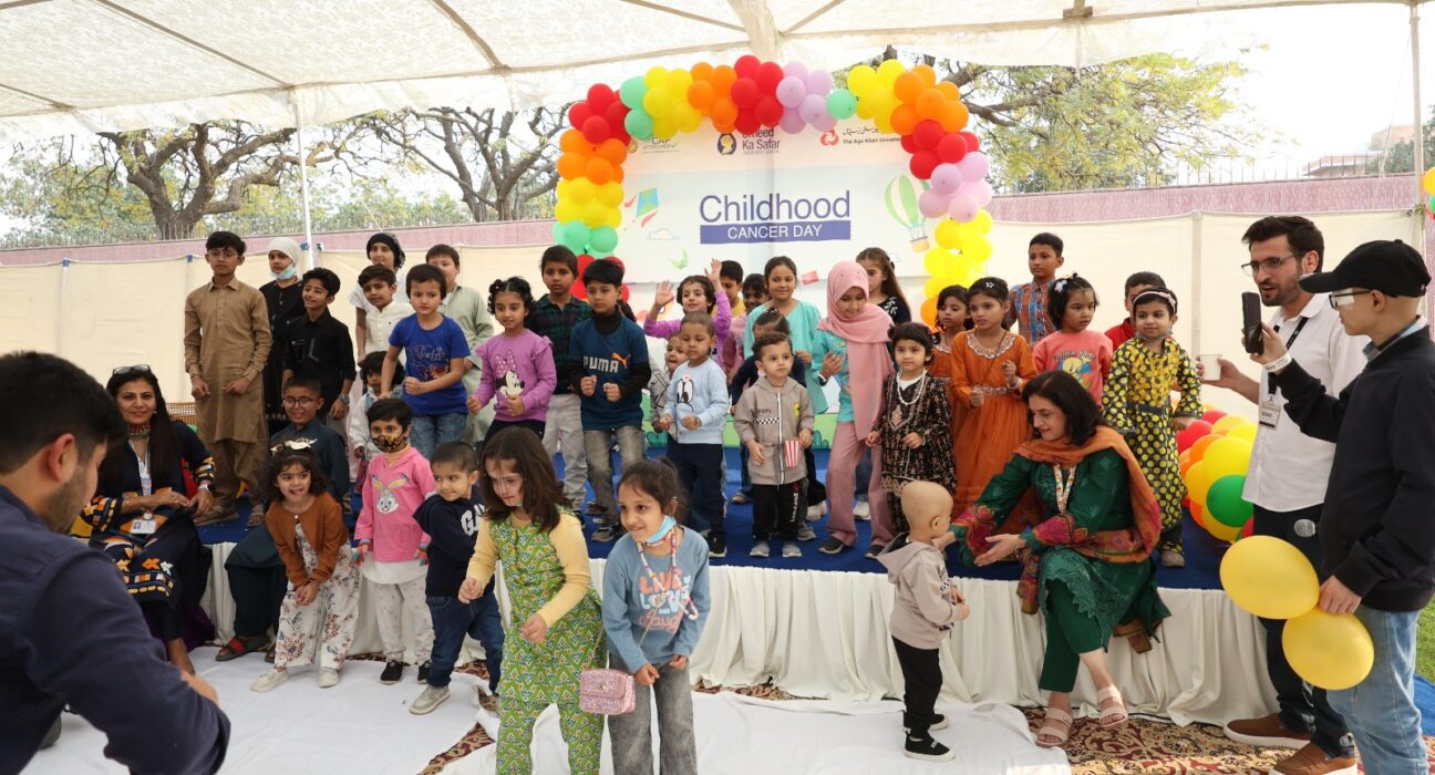 Children cancer survivors and families celebrating International Childhood Cancer Day at Aga Khan University Hospital Karachi pediatric oncology event