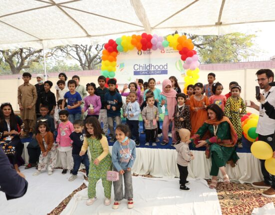 Children cancer survivors and families celebrating International Childhood Cancer Day at Aga Khan University Hospital Karachi pediatric oncology event