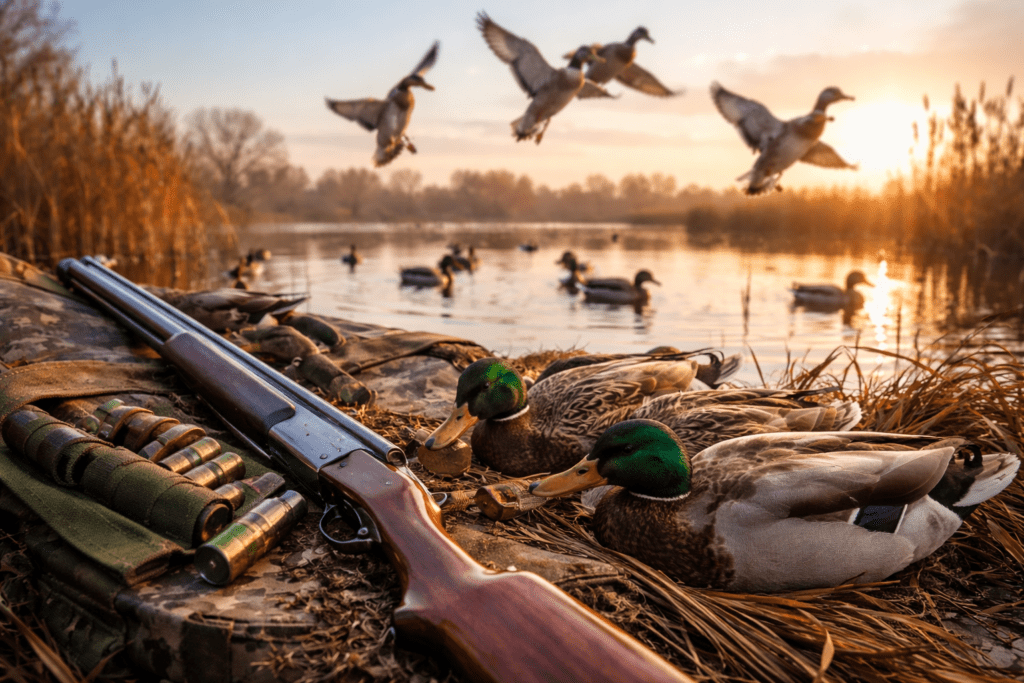 Hunters gear and ducks near wetland during Khyber Pakhtunkhwa hunting season 2025-26 in Pakistan showing wildlife hunting regulations context