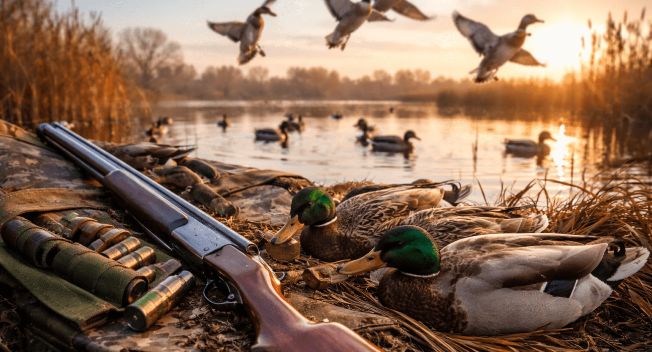 Hunters gear and ducks near wetland during Khyber Pakhtunkhwa hunting season 2025-26 in Pakistan showing wildlife hunting regulations context
