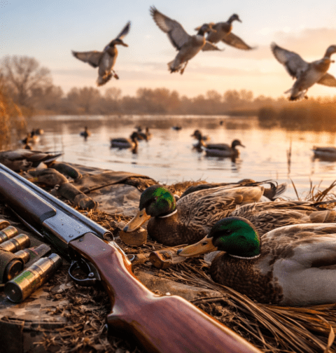 Hunters gear and ducks near wetland during Khyber Pakhtunkhwa hunting season 2025-26 in Pakistan showing wildlife hunting regulations context