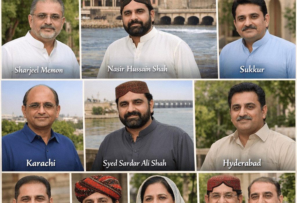 "Prominent Sindh political leaders celebrating Eid 2026 in different cities with festive atmosphere, lanterns, crescent moon, and cultural landmarks."
