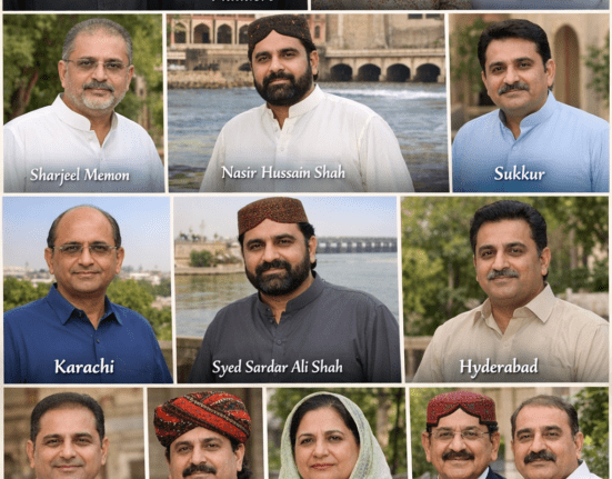 "Prominent Sindh political leaders celebrating Eid 2026 in different cities with festive atmosphere, lanterns, crescent moon, and cultural landmarks."