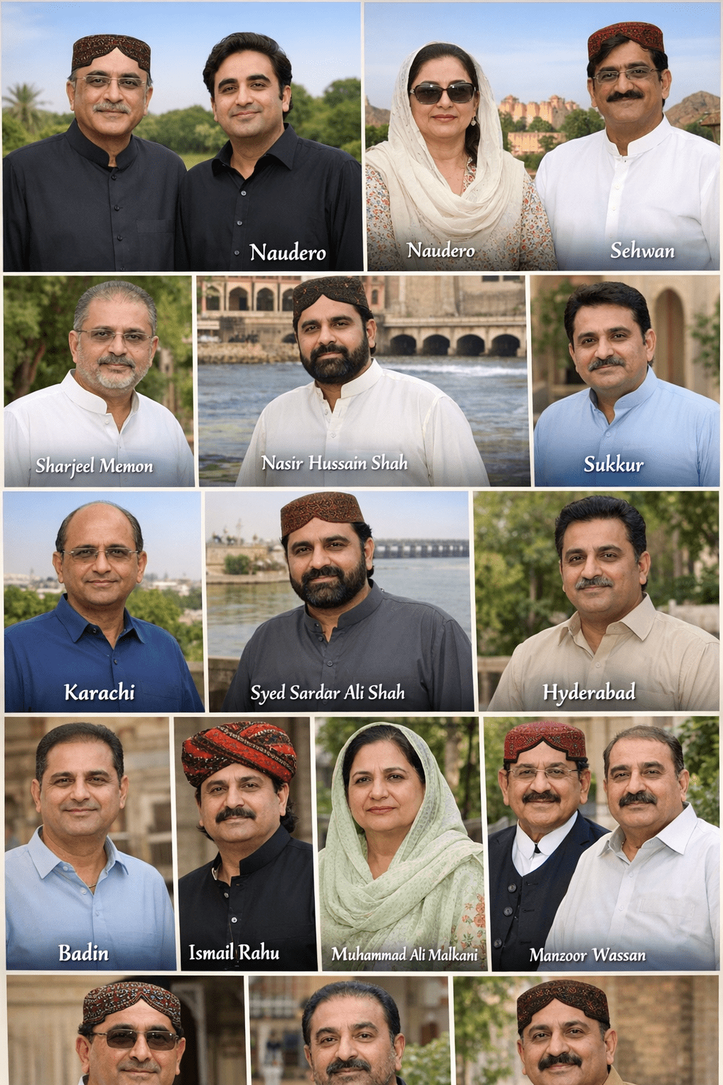 "Prominent Sindh political leaders celebrating Eid 2026 in different cities with festive atmosphere, lanterns, crescent moon, and cultural landmarks."