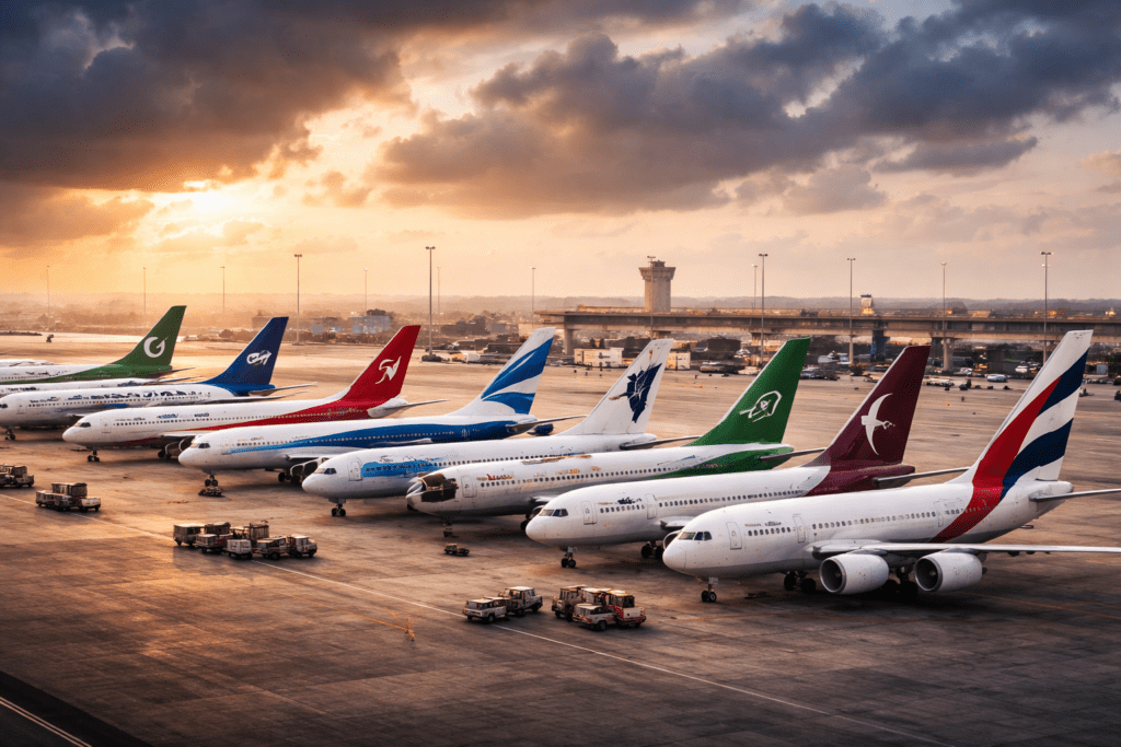 Karachi International Airport runway with grounded airplanes and multiple international airline jets amid Middle East flight cancellations crisis