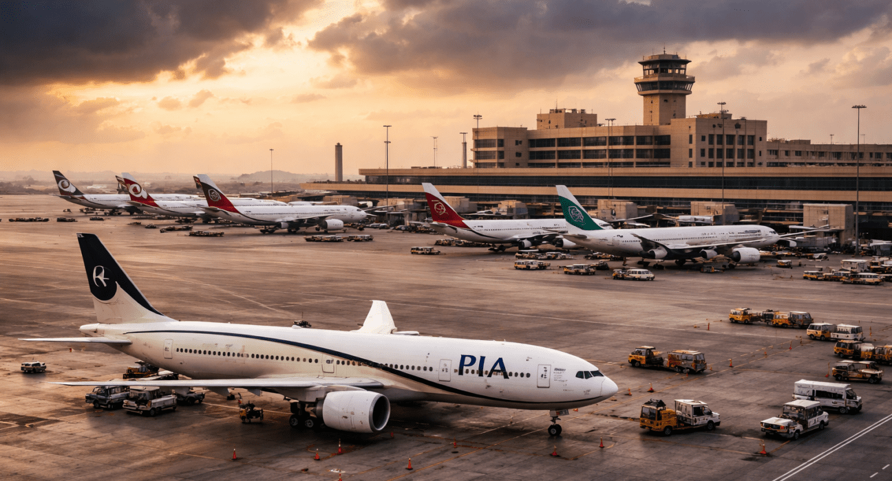 Karachi International Airport runway with grounded airplanes and multiple international airline jets amid Middle East flight cancellations crisis