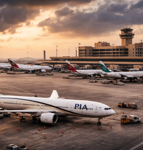 Karachi International Airport runway with grounded airplanes and multiple international airline jets amid Middle East flight cancellations crisis