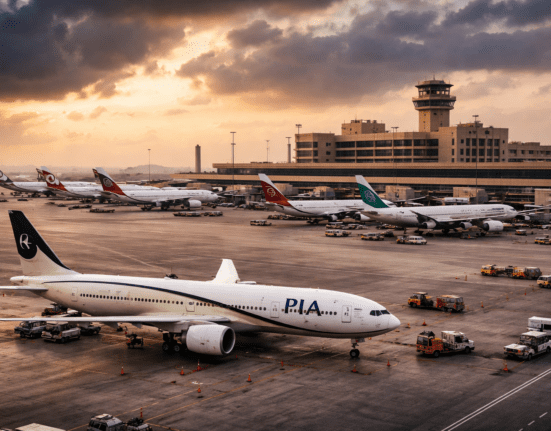Karachi International Airport runway with grounded airplanes and multiple international airline jets amid Middle East flight cancellations crisis