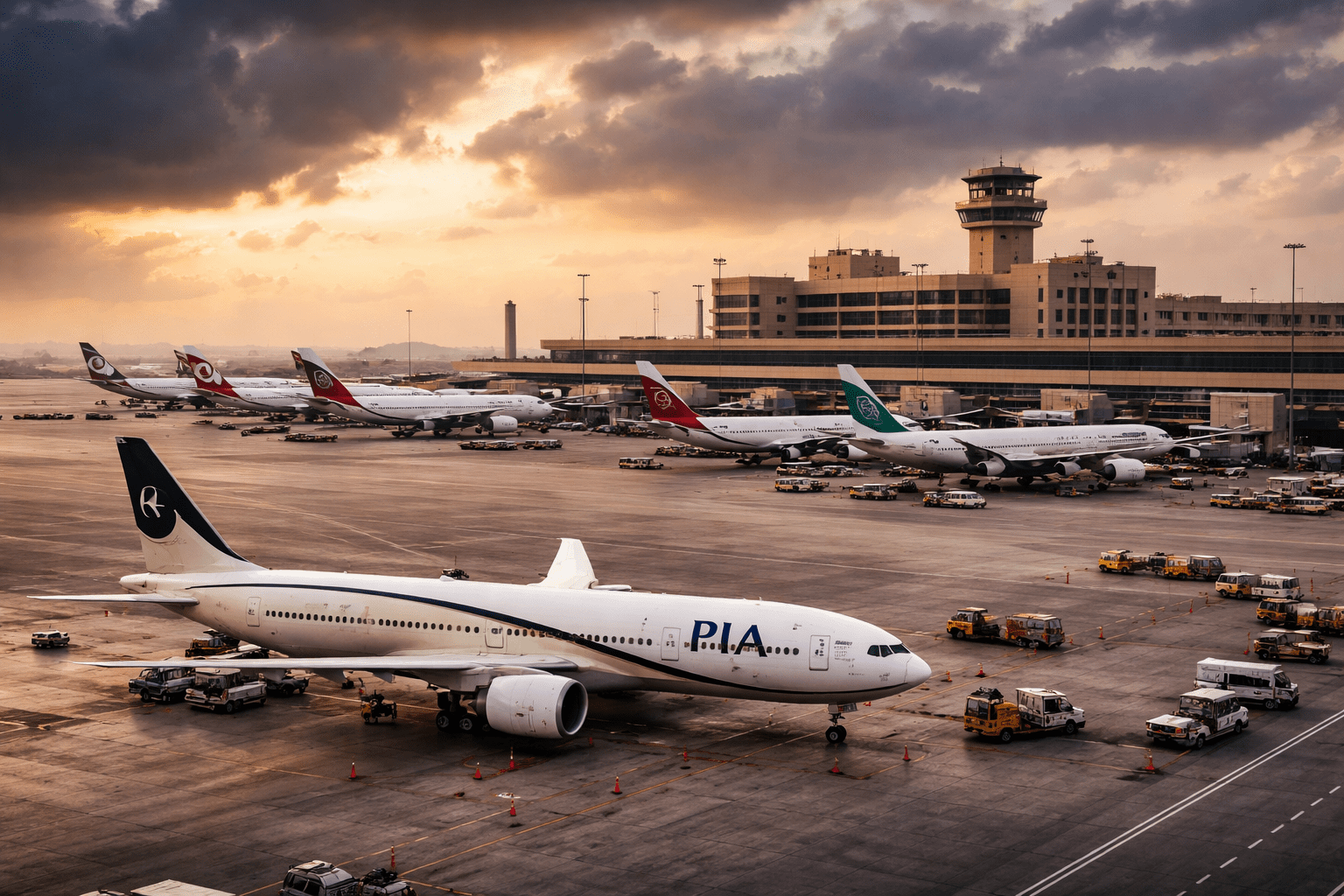 Karachi International Airport runway with grounded airplanes and multiple international airline jets amid Middle East flight cancellations crisis