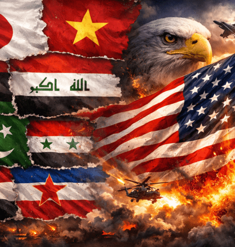 US military interventions across 30 countries including Japan Vietnam Iraq Pakistan Libya Syria and Yemen highlighting global justice debate
