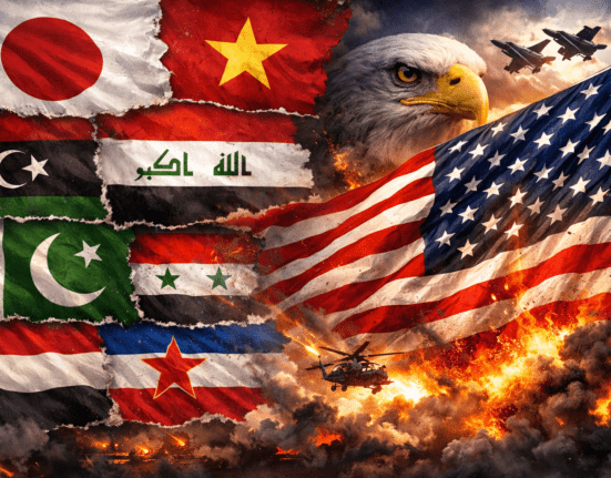 US military interventions across 30 countries including Japan Vietnam Iraq Pakistan Libya Syria and Yemen highlighting global justice debate