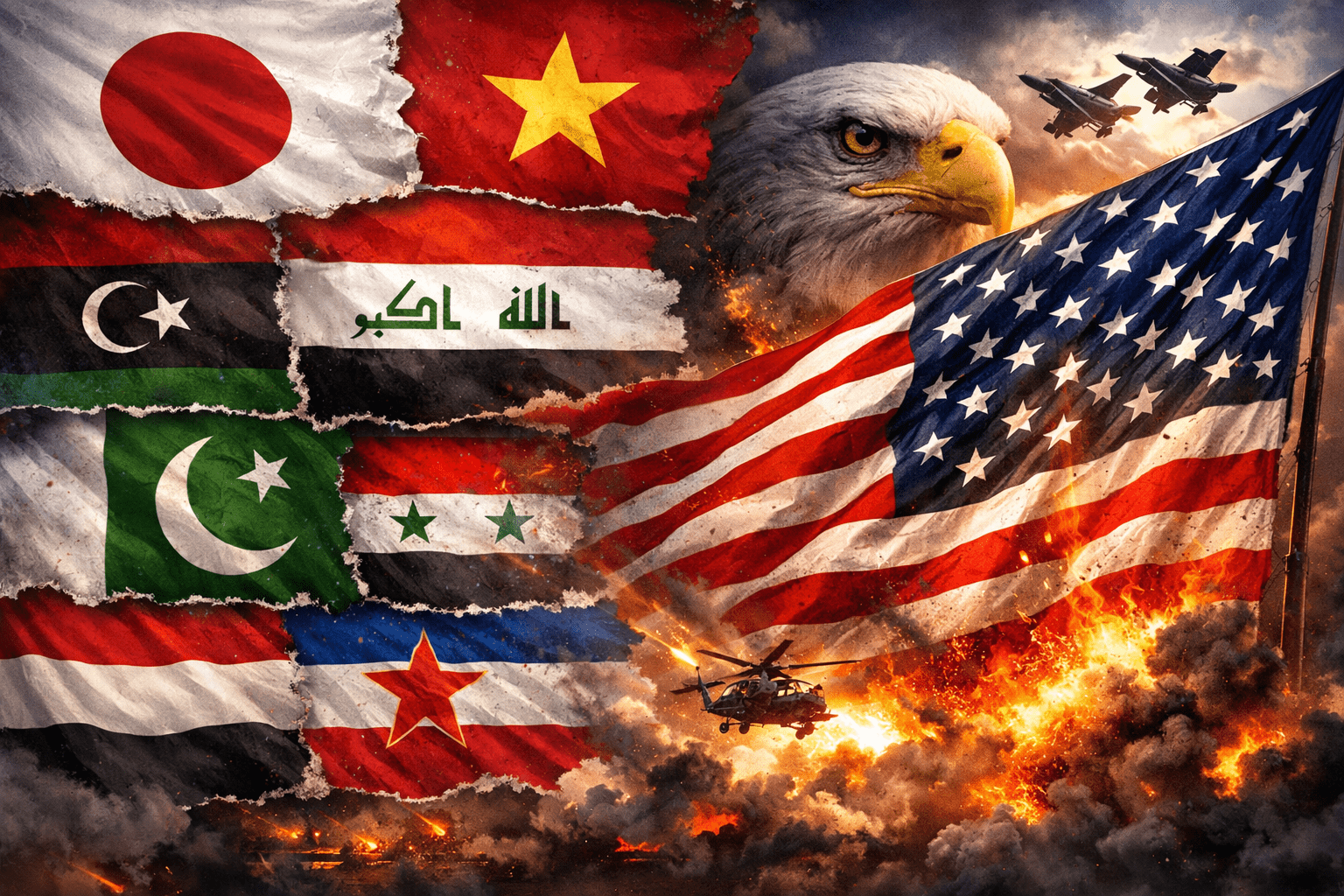 US military interventions across 30 countries including Japan Vietnam Iraq Pakistan Libya Syria and Yemen highlighting global justice debate
