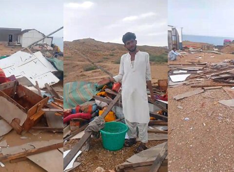 Severe storm and heavy rain damage in Karachi coastal areas, houses destroyed and fishermen affected.