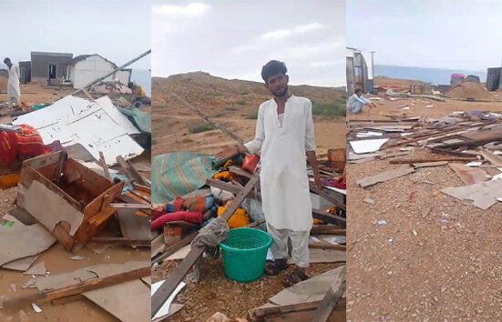 Severe storm and heavy rain damage in Karachi coastal areas, houses destroyed and fishermen affected.