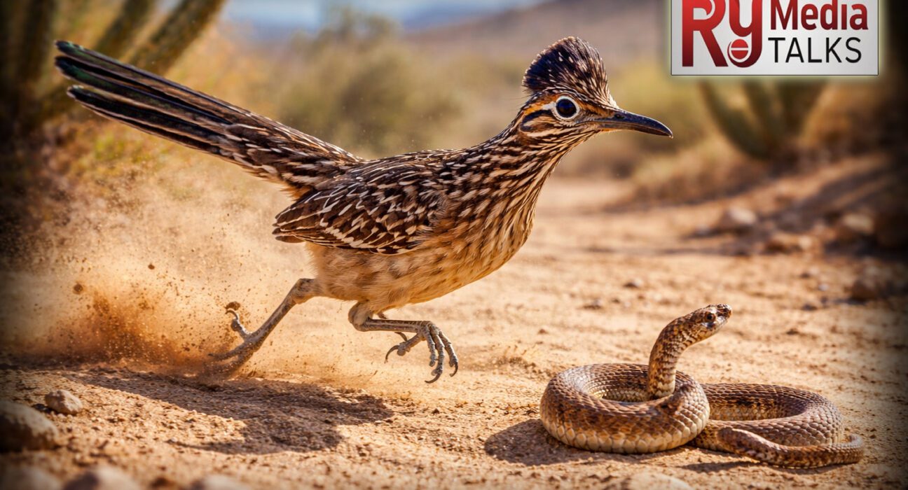Roadrunner bird running fast in desert habitat hunting a snake, wildlife of North America