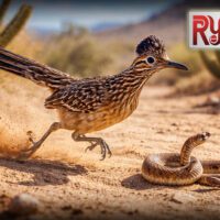 Roadrunner bird running fast in desert habitat hunting a snake, wildlife of North America