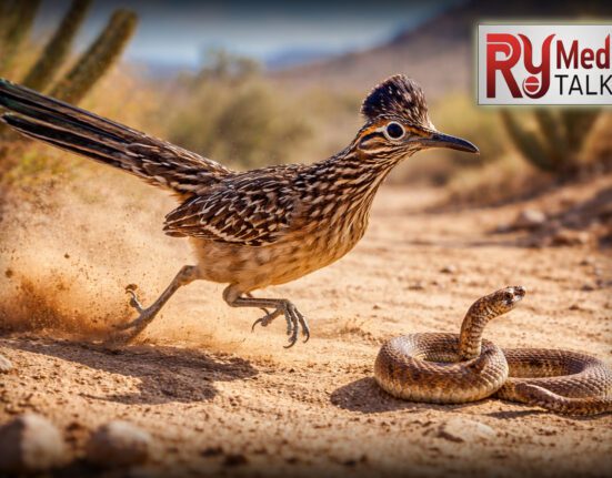 Roadrunner bird running fast in desert habitat hunting a snake, wildlife of North America