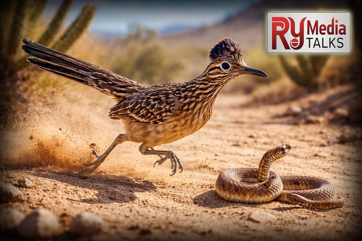 Roadrunner bird running fast in desert habitat hunting a snake, wildlife of North America