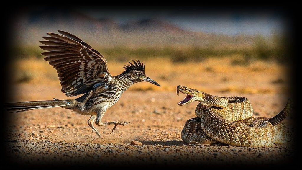 Roadrunner bird running fast in desert habitat hunting a snake, wildlife of North America