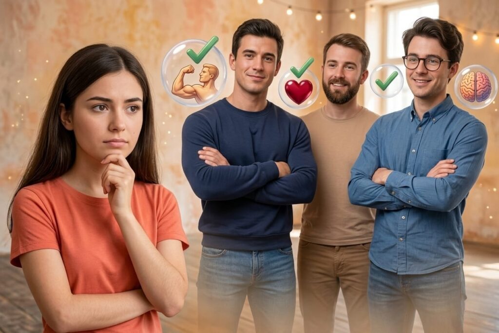 Illustration showing a young woman thinking about different male personality traits such as confidence, kindness, intelligence and emotional intelligence that women find attractive