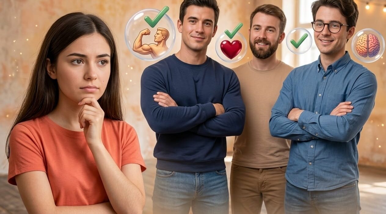 Illustration showing a young woman thinking about different male personality traits such as confidence, kindness, intelligence and emotional intelligence that women find attractive