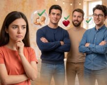 Illustration showing a young woman thinking about different male personality traits such as confidence, kindness, intelligence and emotional intelligence that women find attractive