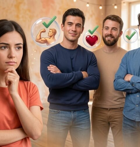 Illustration showing a young woman thinking about different male personality traits such as confidence, kindness, intelligence and emotional intelligence that women find attractive