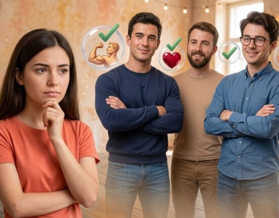 Illustration showing a young woman thinking about different male personality traits such as confidence, kindness, intelligence and emotional intelligence that women find attractive