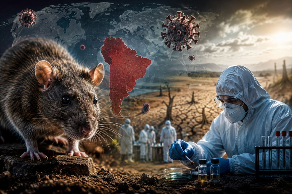 A scientist in protective gear examining hantavirus samples beside a rodent as climate change and global health crisis imagery appear in the background.