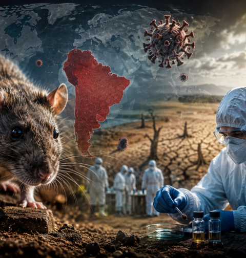 A scientist in protective gear examining hantavirus samples beside a rodent as climate change and global health crisis imagery appear in the background.