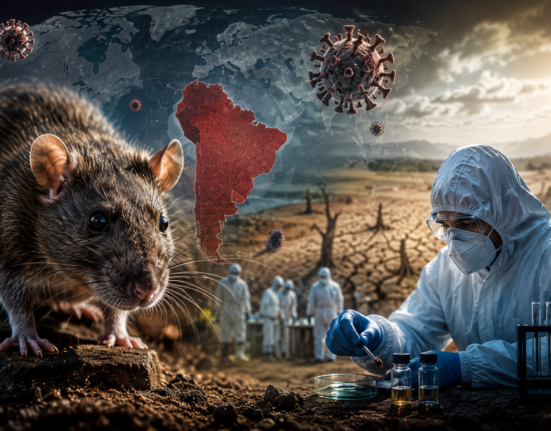A scientist in protective gear examining hantavirus samples beside a rodent as climate change and global health crisis imagery appear in the background.
