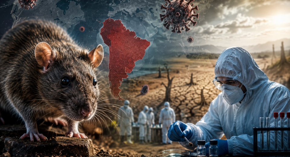 A scientist in protective gear examining hantavirus samples beside a rodent as climate change and global health crisis imagery appear in the background.
